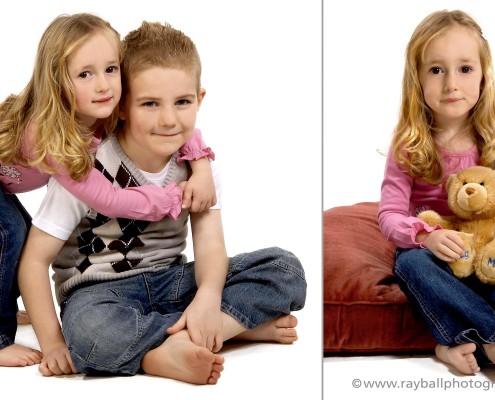 Claygate siblings, girl with brotherand girl with teddy at Epsom Photography Studio Surrey
